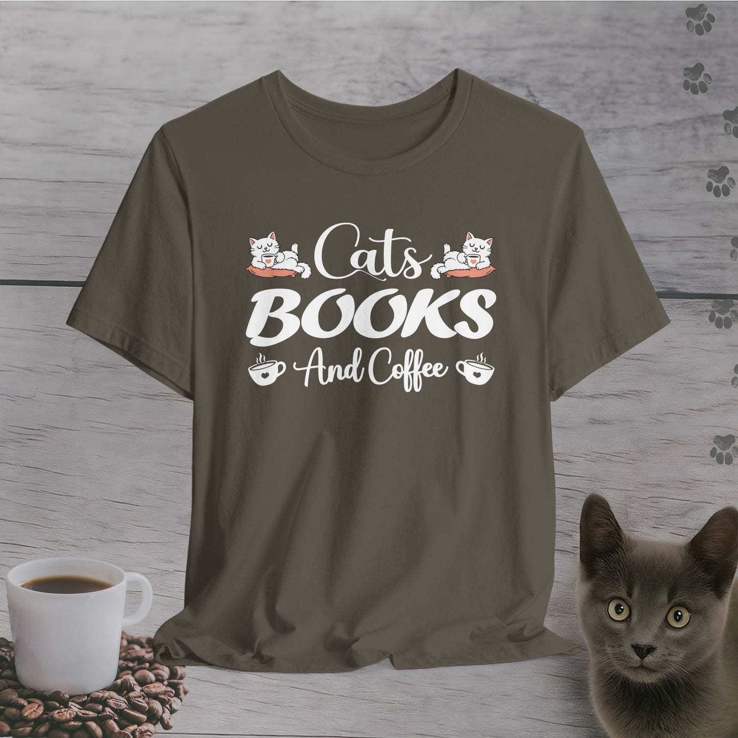 Weekend Essentials – Cats, Books & Coffee T-Shirt