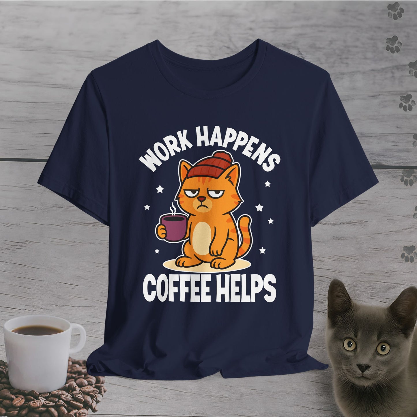 Work Happens Coffee Cat T-Shirt