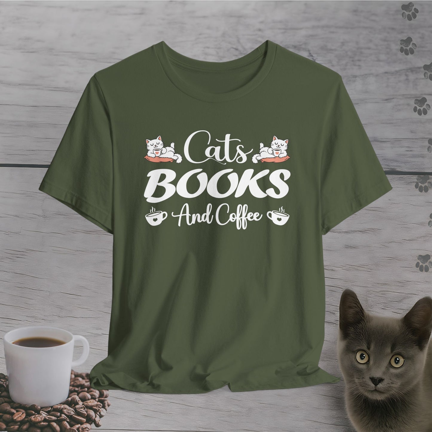 Weekend Essentials – Cats, Books & Coffee T-Shirt