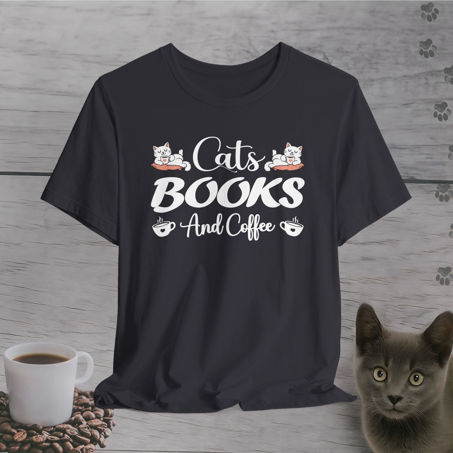 Weekend Essentials – Cats, Books & Coffee T-Shirt