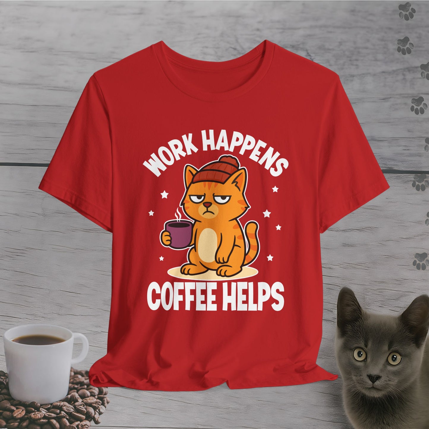 Work Happens Coffee Cat T-Shirt