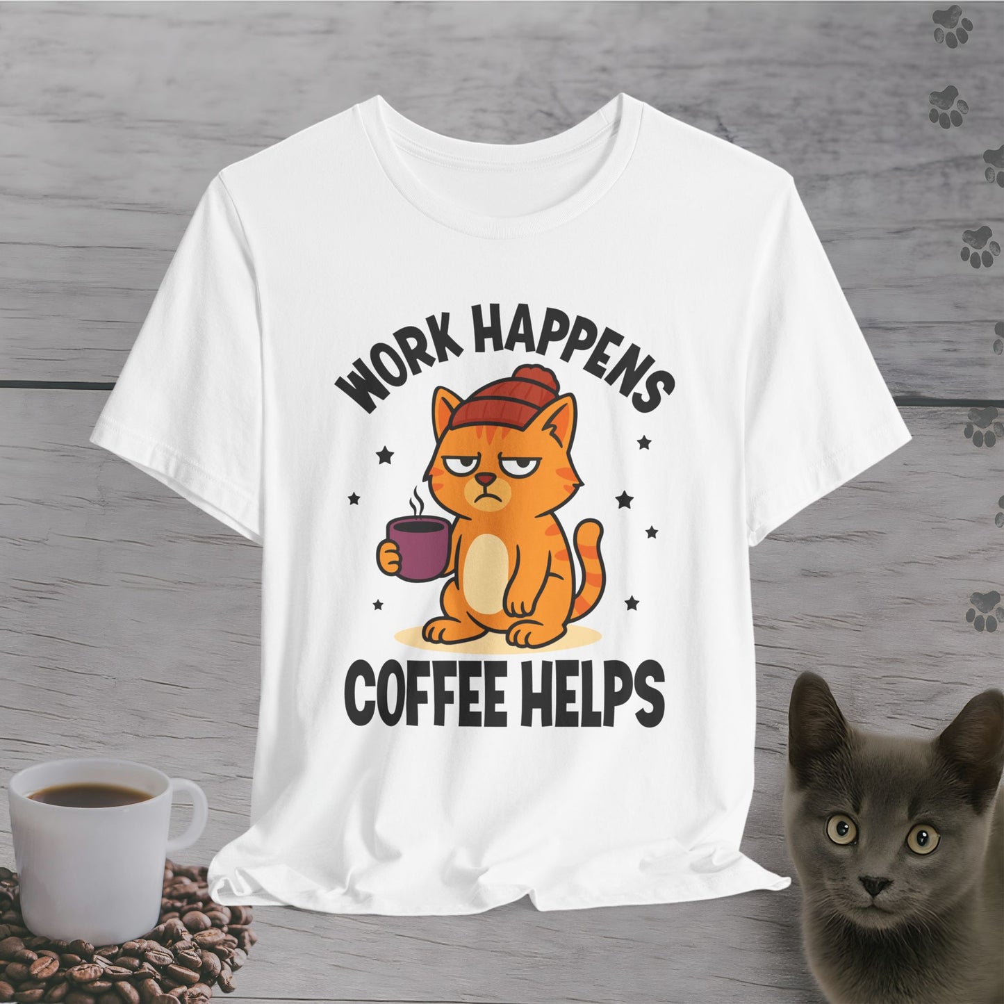 Work Happens Coffee Cat T-Shirt