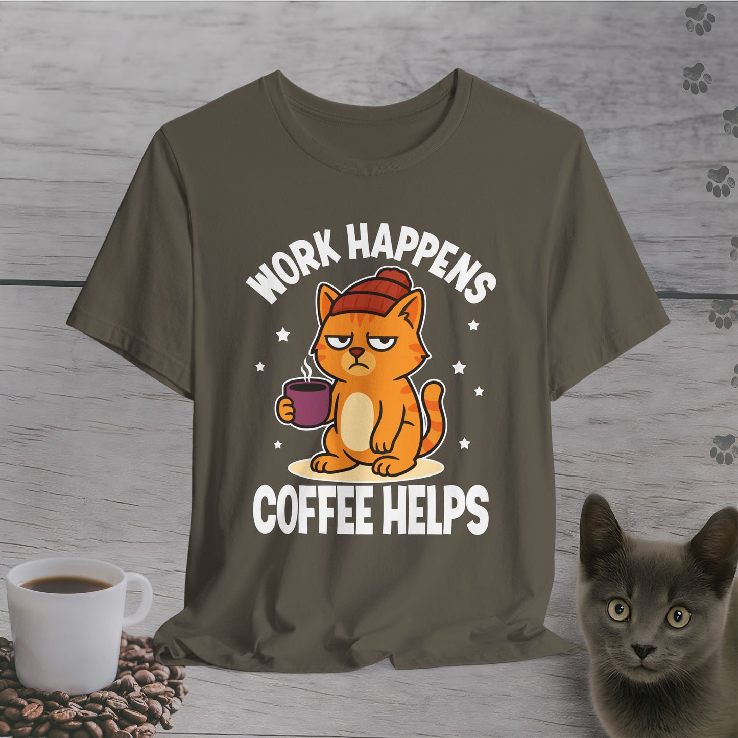 Work Happens Coffee Cat T-Shirt