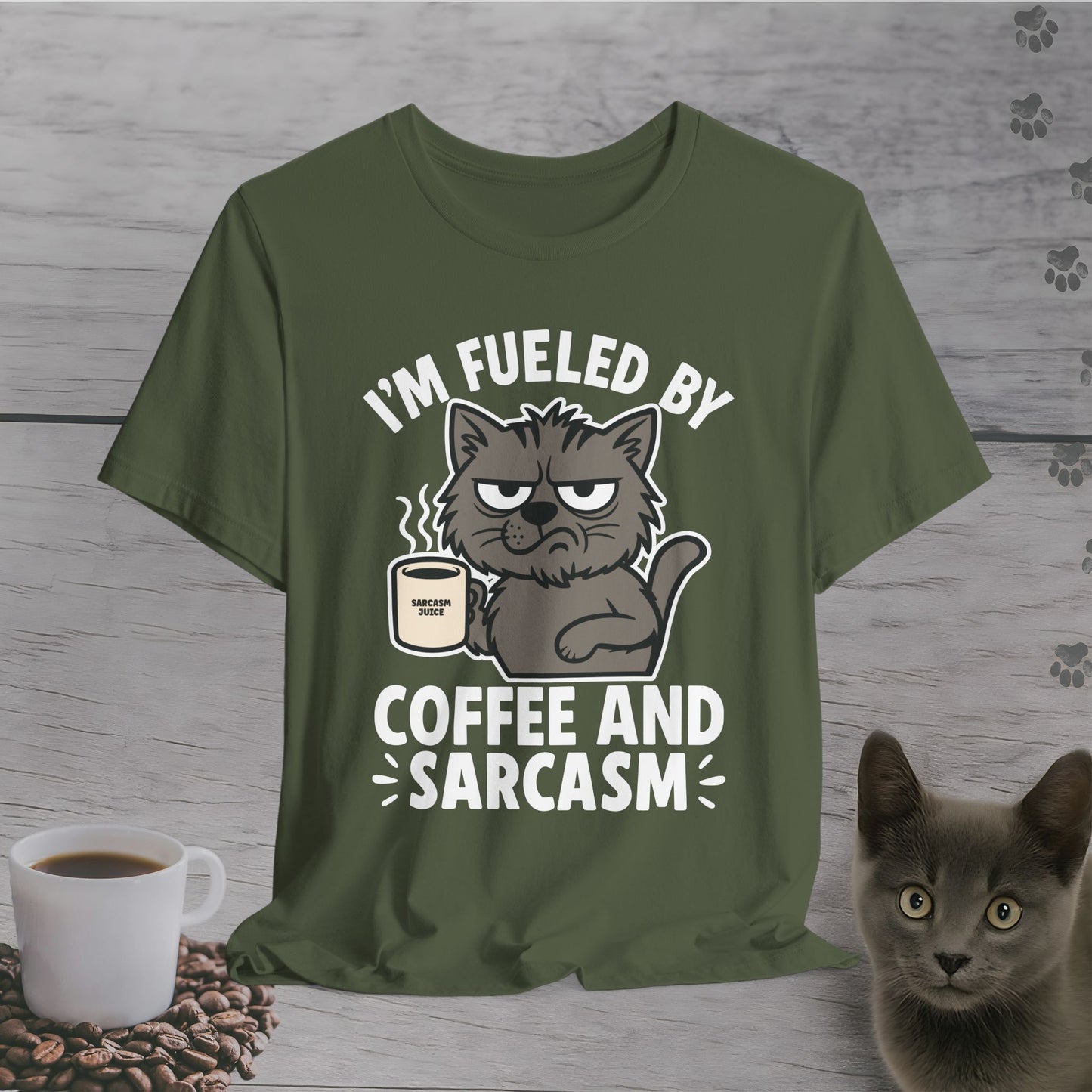 Fueled by Coffee and Sarcasm Cat T-Shirt