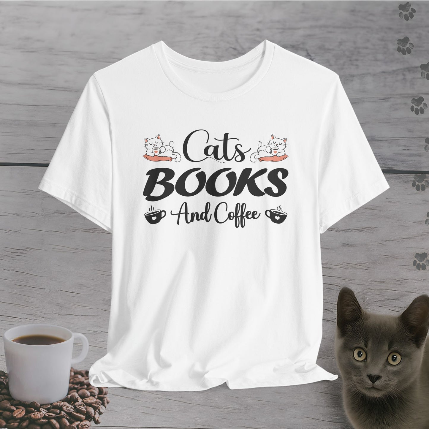 Weekend Essentials – Cats, Books & Coffee T-Shirt
