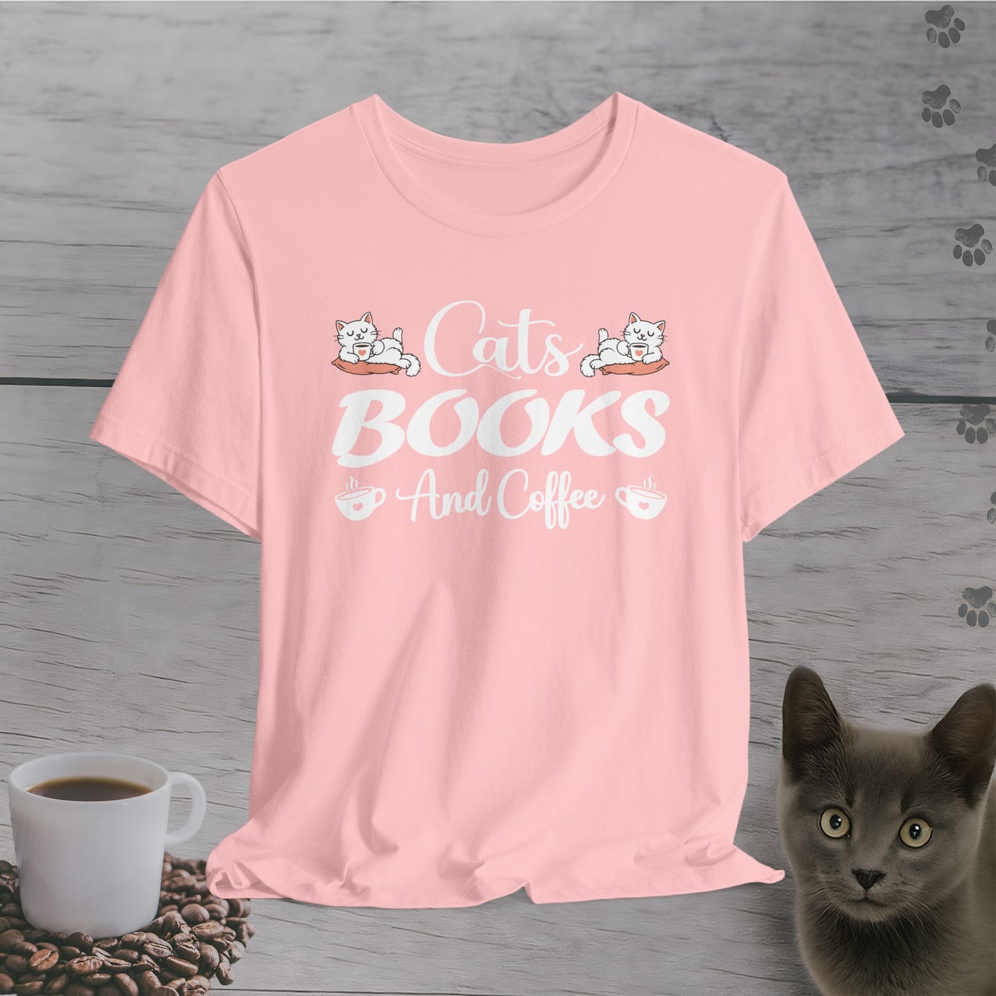 Weekend Essentials – Cats, Books & Coffee T-Shirt
