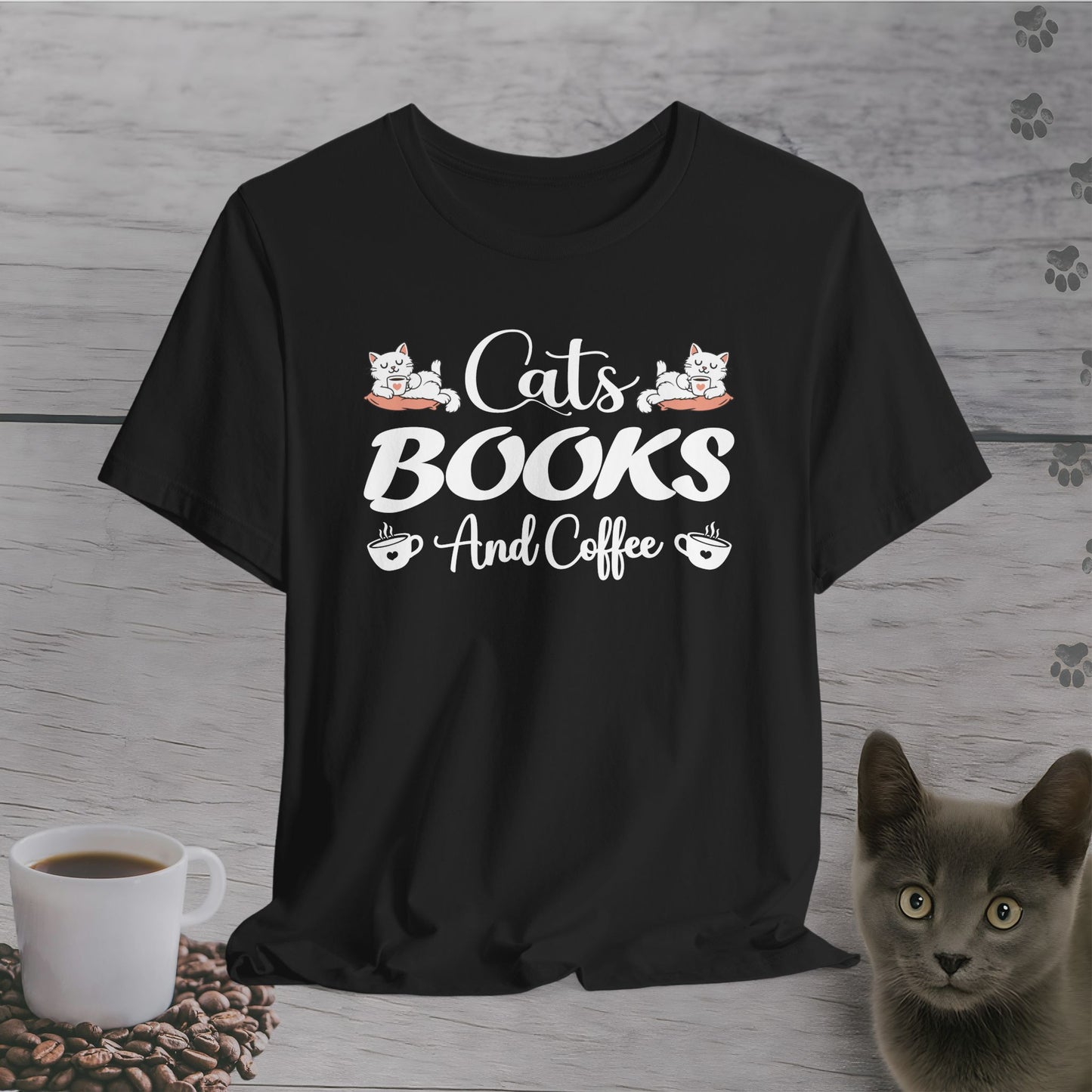 Weekend Essentials – Cats, Books & Coffee T-Shirt