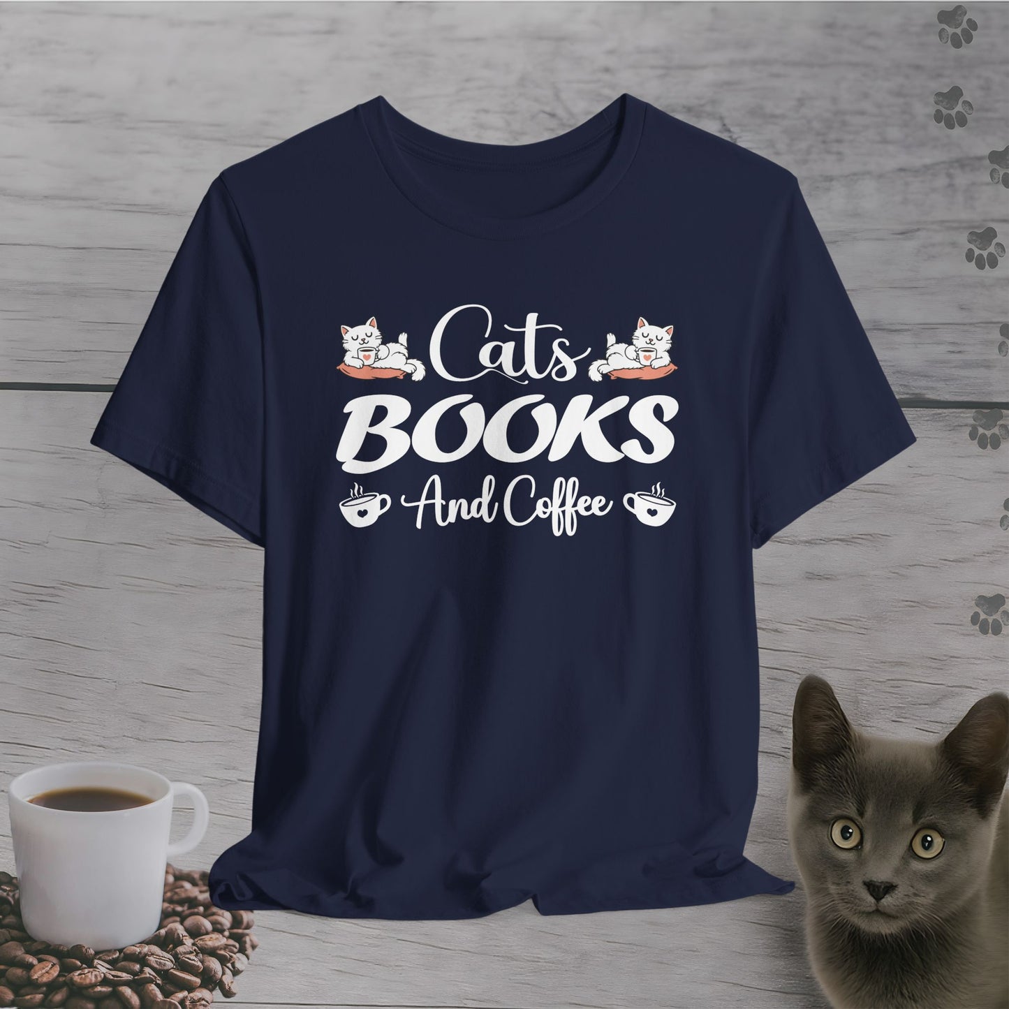 Weekend Essentials – Cats, Books & Coffee T-Shirt