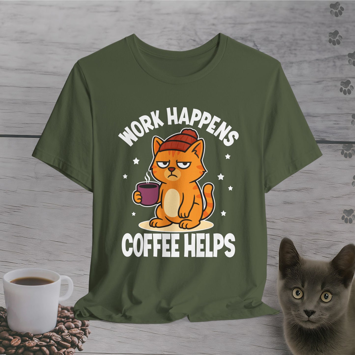 Work Happens Coffee Cat T-Shirt