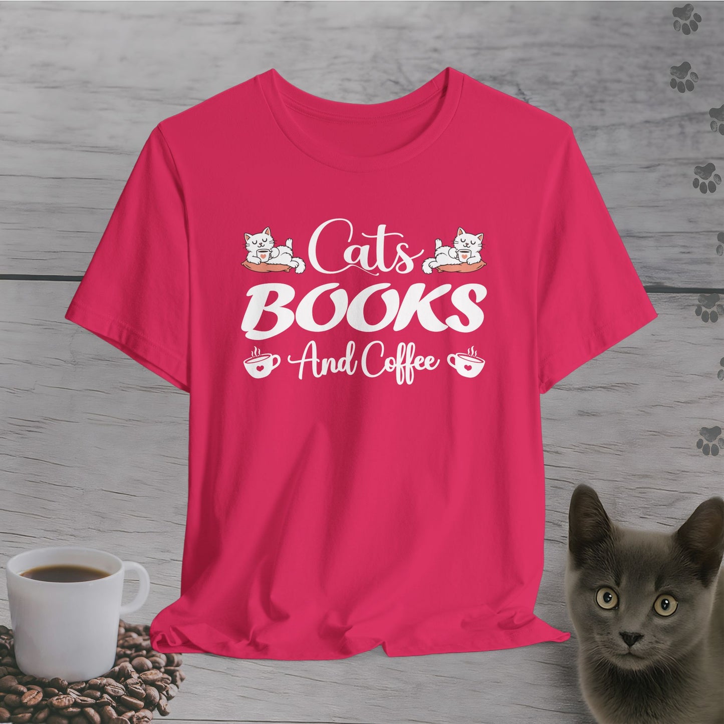 Weekend Essentials – Cats, Books & Coffee T-Shirt