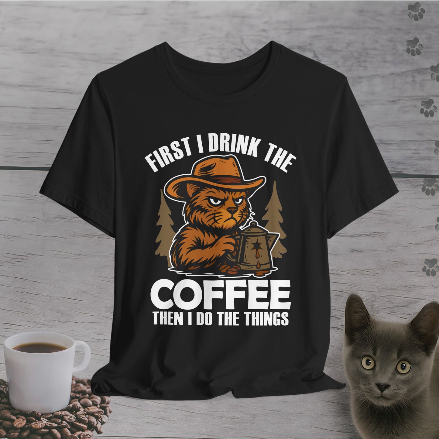 Coffee-Fueled Cowboy Cat T-Shirt