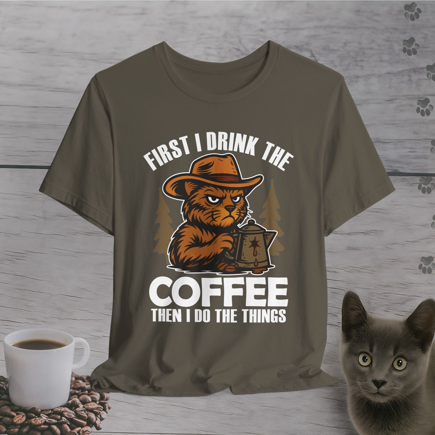 Coffee-Fueled Cowboy Cat T-Shirt