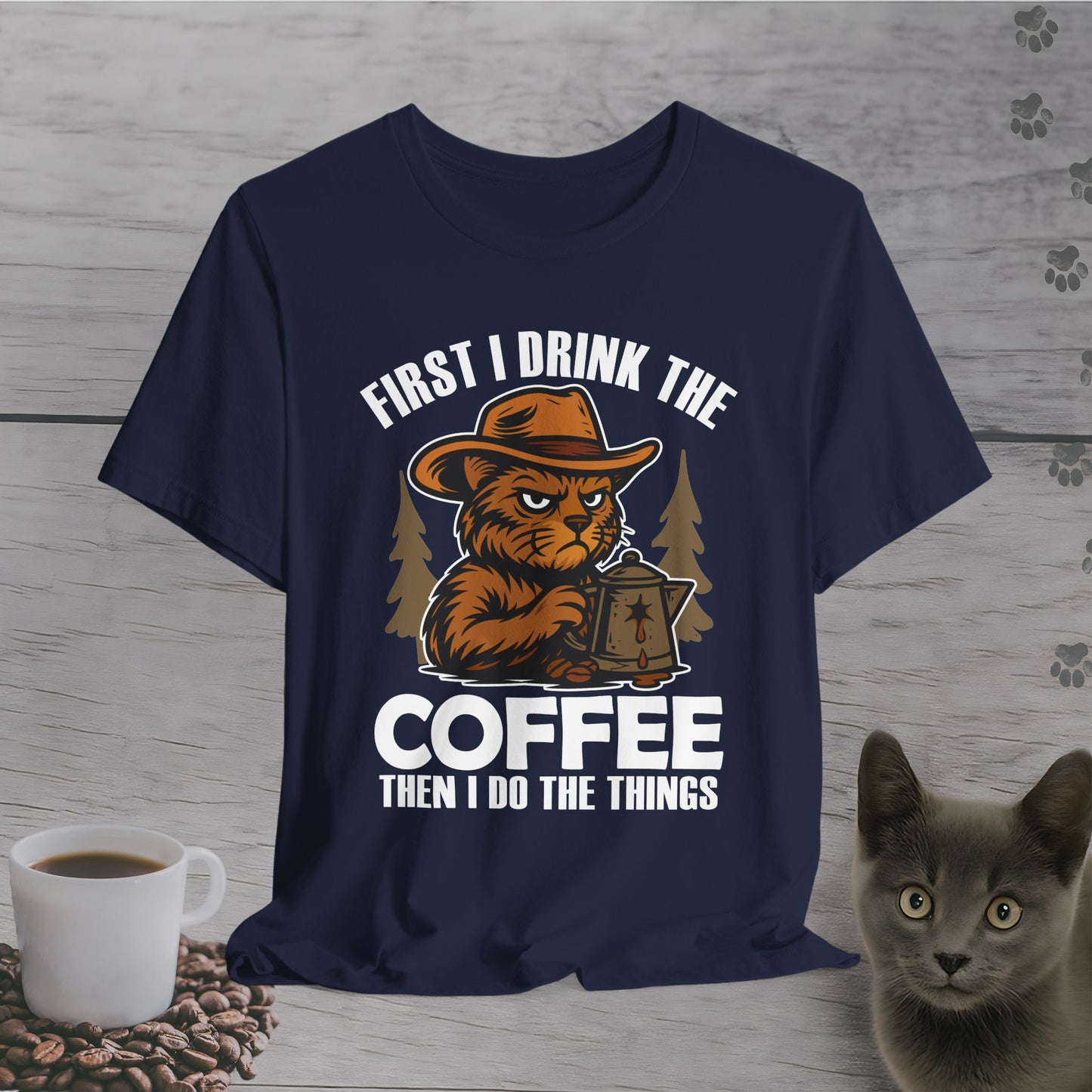 Coffee-Fueled Cowboy Cat T-Shirt