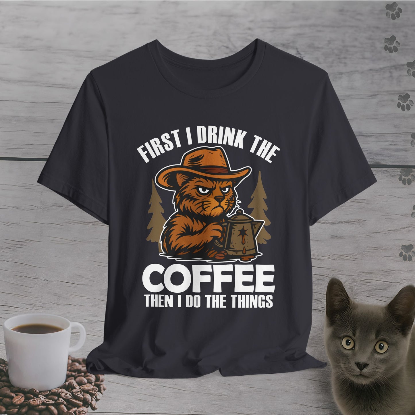Coffee-Fueled Cowboy Cat T-Shirt