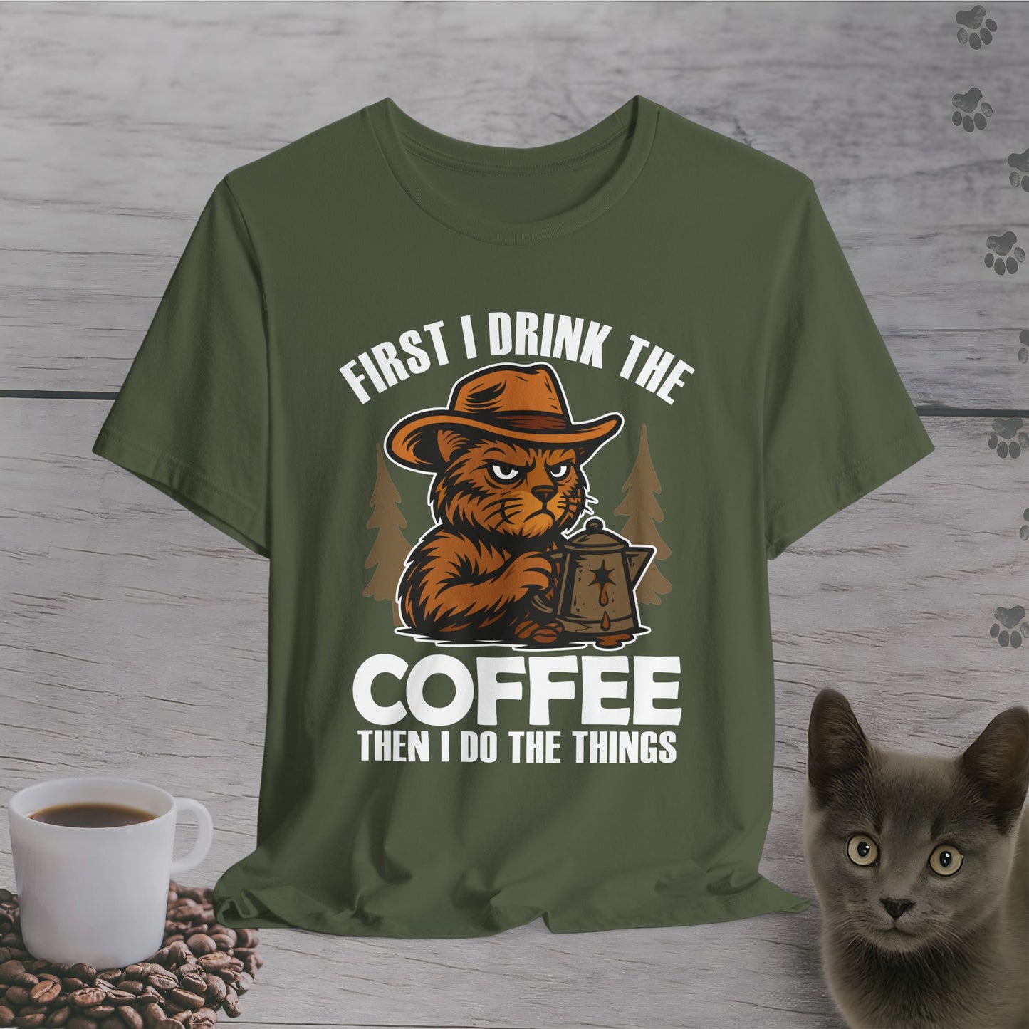Coffee-Fueled Cowboy Cat T-Shirt