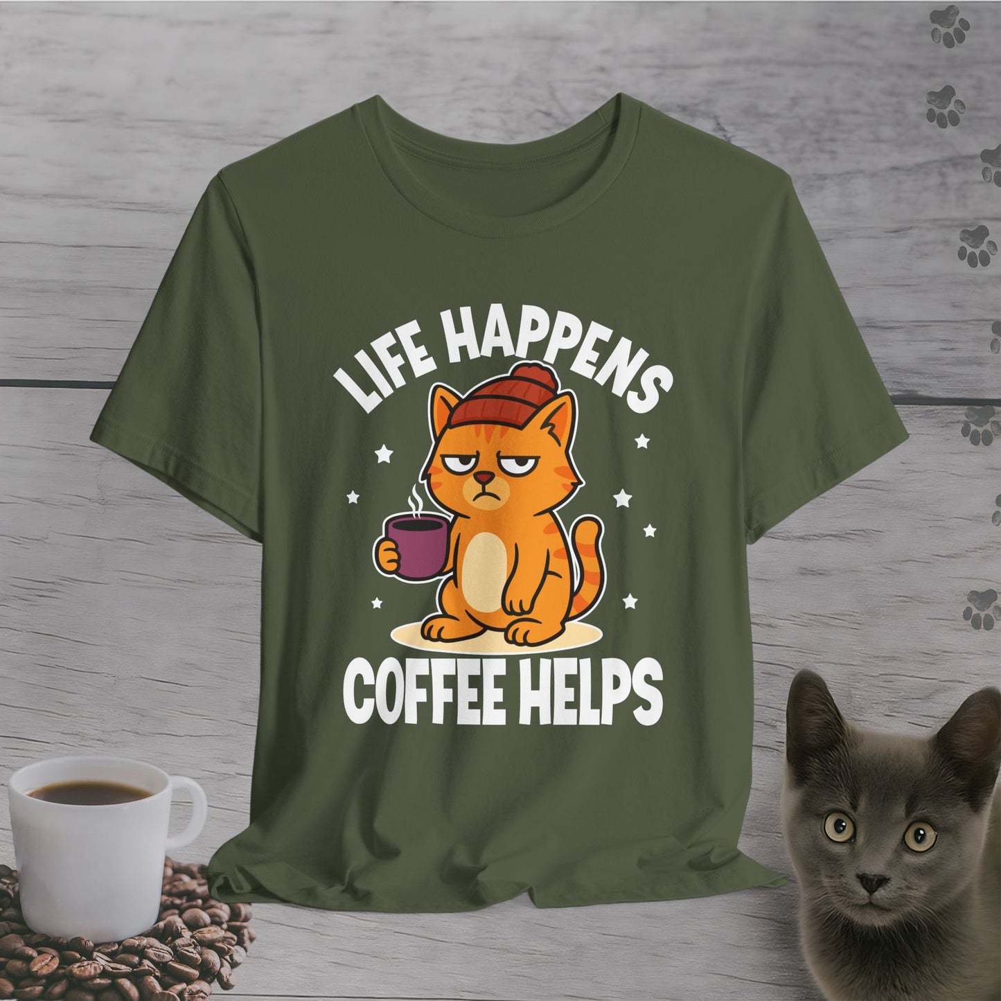 Funny Life Happens Coffee Helps Cat T-Shirt