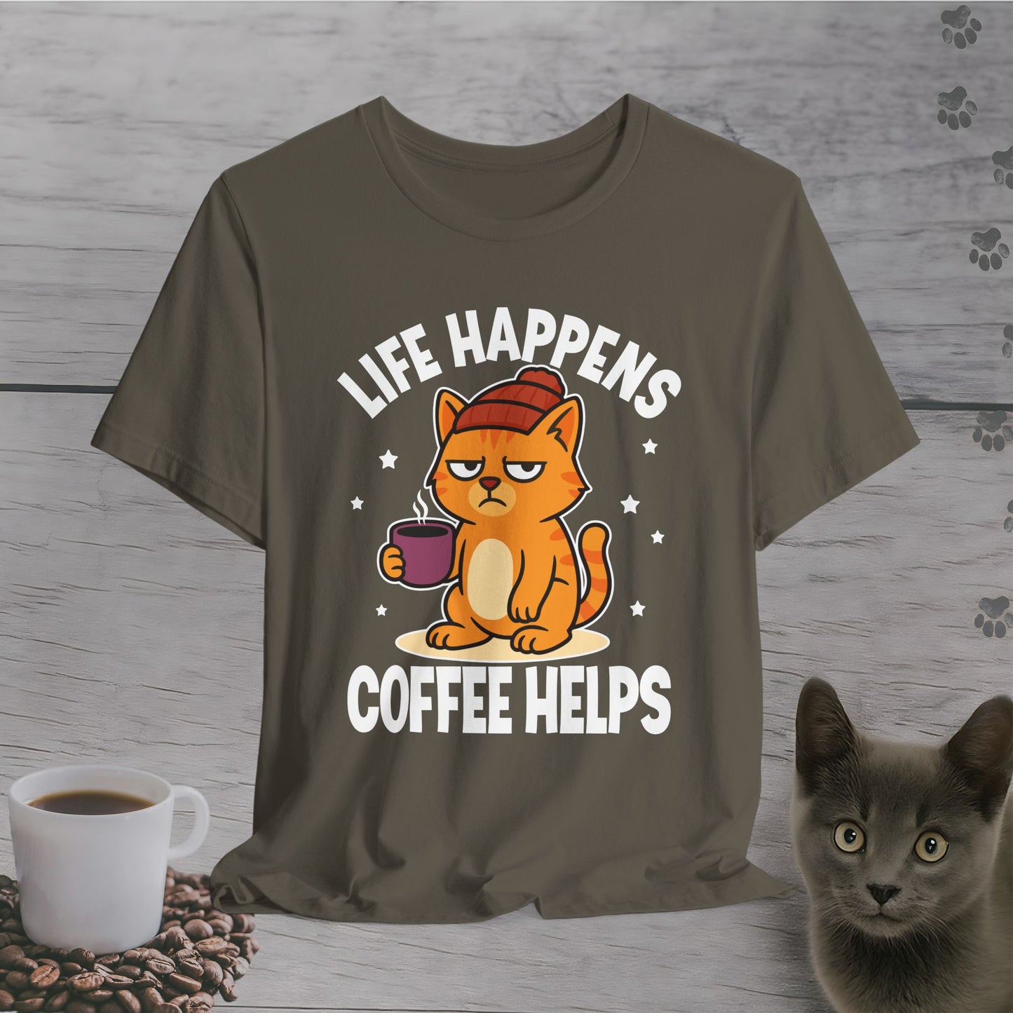Funny Life Happens Coffee Helps Cat T-Shirt