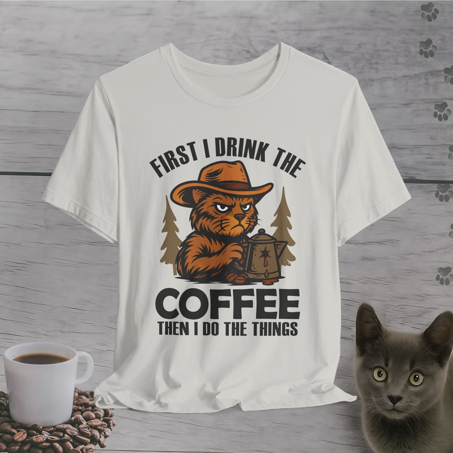 Coffee-Fueled Cowboy Cat T-Shirt